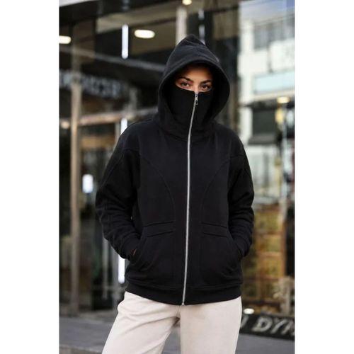 Maskeli Ninja Model Çift Kapüşonlu 3 İplik Şardonlu Fermuarlı Oversize Sweatshirt - Siyah