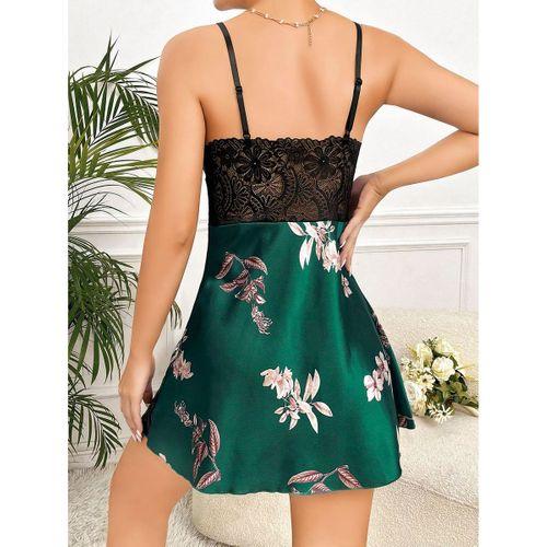 Özel Tasarım Çiçek Desenli İnce Askılı Dantel İşlemeli Yeşil Mini Saten Gecelik