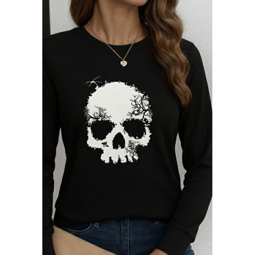 Kadın Uzun Kollu Bisiklet Yaka Kurukafa Desenli Viskon Bluz