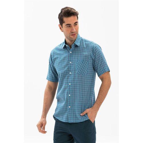 Büyük Beden Kısa Kol Şile Bezi Tek Cepli Erkek Yazlık Gömlek Petrol Ekose 3040