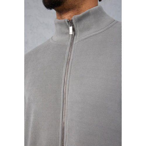 Ron Selanik Örme İçi Peluş Çift Fermuarlı Dik Yaka Erkek Hırka Sweatshirt - Füme