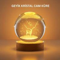 3d Geyik Desenli Kristal Küre Usb Işıklı Ahşap Tabanlı Oda Lambası