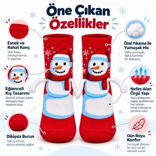 Kırmızı Kardan Adam 2'li Desenli Yılbaşı Çorabı | 3d Kollu El Ele Tutuşan Eğlenceli Soket Çorap Seti
