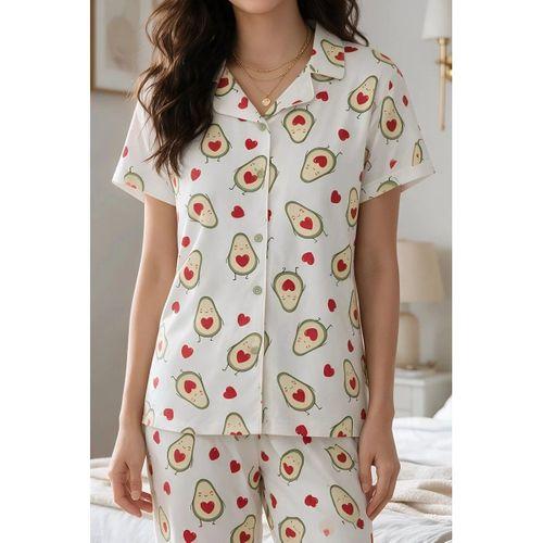 Kadın Pijama Takımı - Avokado Desenli Kısa Kollu Gömlek Yaka Milan Kumaş