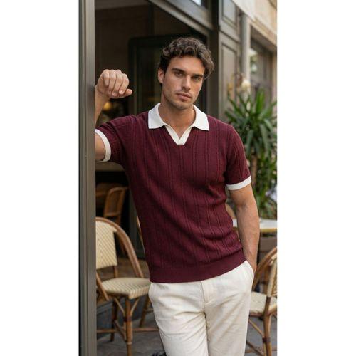 Erkek Örgü Desen Yakalı Kısa Kollu Triko Tişört - %100 Pamuk Akrilik