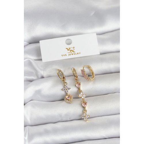 Pirinç Gold Renk Pembe Zirkon Taşlı 3'lü Kadın Küpe