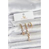 Pirinç Gold Renk Pembe Zirkon Taşlı 3'lü Kadın Küpe