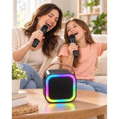 Taşıma Askılı Siyah Led Işıklı Bluetooth Hoparlör Çift Mikrofonlu Karaoke Seti