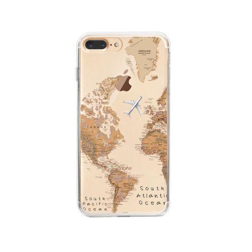 iPhone 8 Plus Dünya Harita Desenli Premium Şeffaf Silikon Kılıf