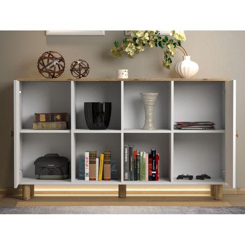 Nora Bohem Ledli Konsol - Çok Amaçlı Dolap 2 Kapak 4 Raflı - Atlantik Çam / Beyaz