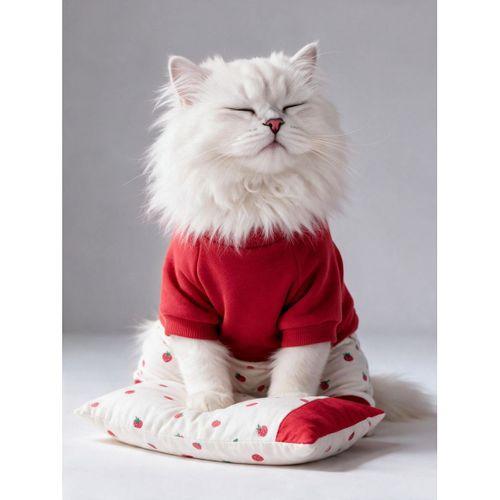 Tatlı Çilek Kedi Rüyası | Pamuklu Çilekli Kedi Tulumu, Kırmızı Sweatshirt ve Mini Yastık | 3Parça