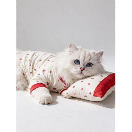 Tatlı Çilek Kedi Uyku Seti | Penye Kedi Tulum ve Mini Yastık Takımı | Pamuklu | Tüy Dökülmesini Azaltır |