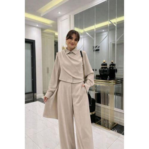 Kadın Uzun Kollu şal Detaylı Bluz Ve Pantolon Kemer Dahil Ikili Takım