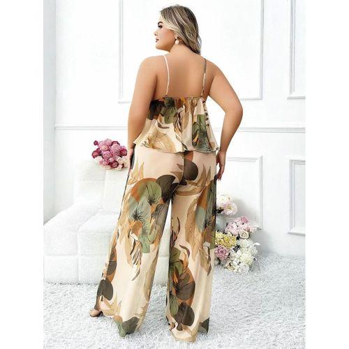 Özel Tasarım Büyük Beden Çiçek Desenli İnce Askılı 2'li Pijama Takımı