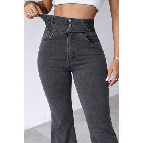 Kadın Yüksek Bel Yanları Lastik önü Düğmeli Kot Pantolon