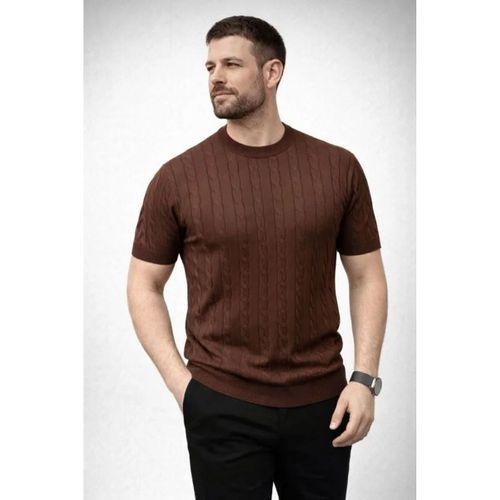 Erkek Yazlık Triko Dokuma Tişört Kısa Kol Bisiklet Yaka Örgü Desenli T-Shirt - Kahverengi