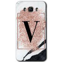 Samsung Galaxy J7 2016 Kılıf HD Desen Baskılı Arka Kapak - Pembe Mermer Desenli V Harfi
