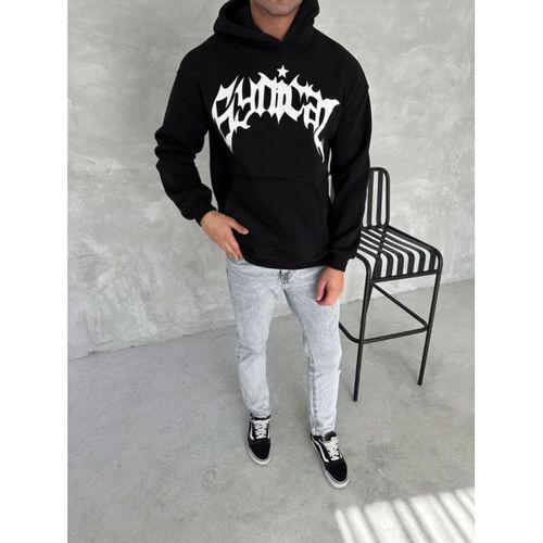 Unisex Üç İplik Kapşonlu Baskılı SweatShirt - Siyah