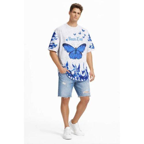 Erkek Asit Yıkamalı Oversize Tişört Mavi Kelebek Baskılı Dijital Print Bisiklet Yaka Streetwear T-Shirt - Beyaz