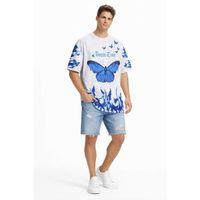 Erkek Asit Yıkamalı Oversize Tişört Mavi Kelebek Baskılı Dijital Print Bisiklet Yaka Streetwear T-Shirt - Beyaz
