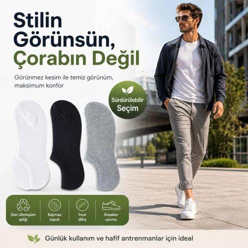 Erkek Görünmez Sneaker Babet Çorap 6'lı | Geri Dönüşüm İplikli, Kaymaz Topuk, Siyah Gri Beyaz