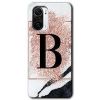 Xiaomi Redmi K40 HD Baskılı Kılıf + 9D Tam Ekran Koruyucu - Pembe Mermer Desenli B Harfi