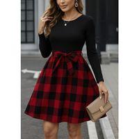 Kadın Uzun Kollu Bisiklet Yaka üst Viskon Alt Ekose Kısa Elbise