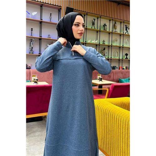 Dik Yaka Kısa Fermuarlı Yırtmaçlı Sade Basic Uzun Tunik ve Pantolon İkili Spor Takım - 03062.006 - İndigo