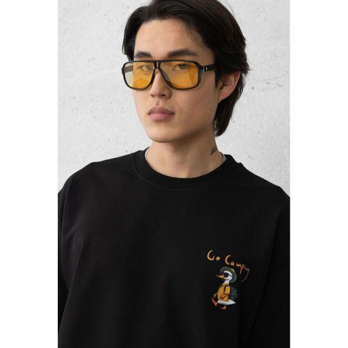 Cep Baskılı İki İplik Kumaş Pamuklu Oversize Erkek T-Shirt - Siyah