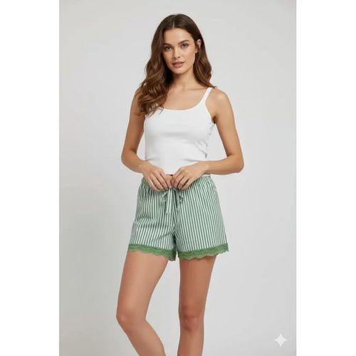 Çizgili Penye Kadın Ev Şortu Bacak Dantel Detaylı Ev Giyim Yeşil