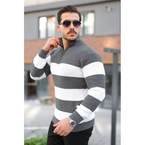Erkek Şerit Renk Desenli Zip Yaka Kazak