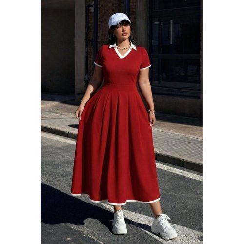 Kadın Kısa Kollu V Yakalı Pileli Uzun Janjan Krep Elbise