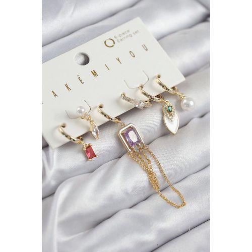 Pirinç Zirkon Taşlı Sallantılı Ve İncili Gold Renk 6'lı Küpe Set