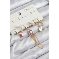 Pirinç Zirkon Taşlı Sallantılı Ve İncili Gold Renk 6'lı Küpe Set