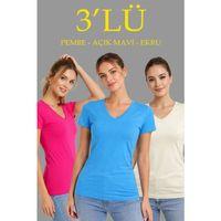 3lü V Yaka Tişört – Kısa Kollu Yazlık Slim Fit Body - Pembe, Açık Mavi, Ekru