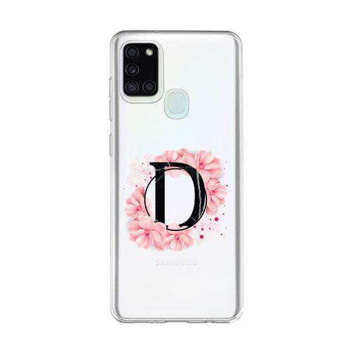 Samsung A21s Pembe Çiçek Desen D Harfli Şeffaf Kılıf