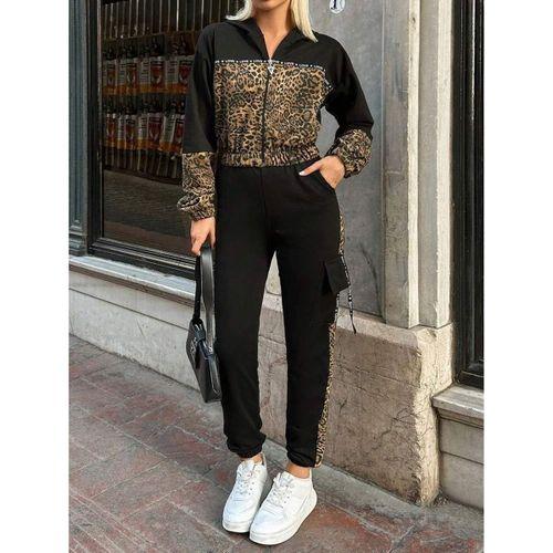Kadın Uzun Kollu Kapşonlu Leopar Desenli Viskon Iki Iplik Bluz Ve Pantolon Ikili Takım