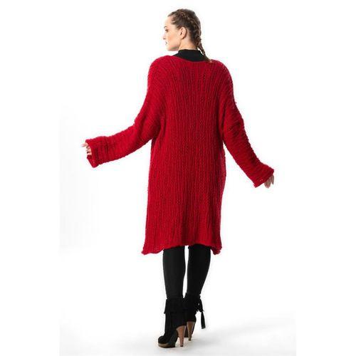 Uzun Kol Şehrazat Düğme Detaylı Sonbahar ve Kışlık Uzun Triko Hırka Kırmızı Krmz