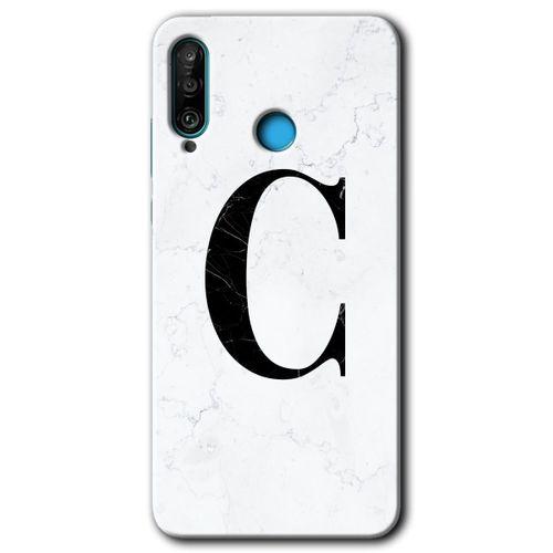 Huawei P30 Lite HD Baskılı Kılıf + 9D Tam Ekran Koruyucu - Beyaz Mermer Desenli C Harfi