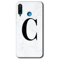 Huawei P30 Lite HD Baskılı Kılıf + 9D Tam Ekran Koruyucu - Beyaz Mermer Desenli C Harfi