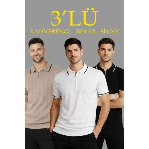 Erkek 3’lü Paket Dokuma Triko  Fermuarlı Yakalı Fitilli Kısa Kollu Regular Fit Tişört - Kahverengi, Beyaz, Siyah