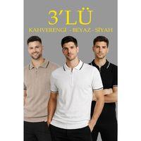 Erkek 3’lü Paket Dokuma Triko  Fermuarlı Yakalı Fitilli Kısa Kollu Regular Fit Tişört - Kahverengi, Beyaz, Siyah