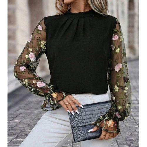 Kadın Uzun Kollu Yarı Balıkçı Yaka Tül Detaylı Ithal Krep Bluz