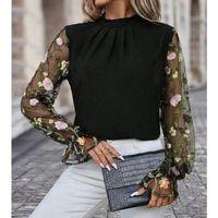 Kadın Uzun Kollu Yarı Balıkçı Yaka Tül Detaylı Ithal Krep Bluz