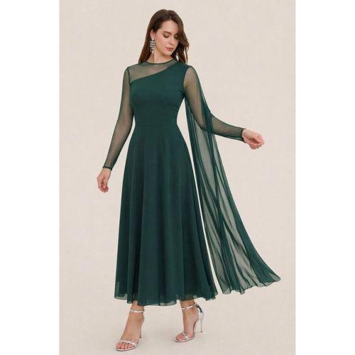 Kadın Uzun Kollu Yarı Balıkçı Yaka Tül Detaylı Uzun Sandy Elbise