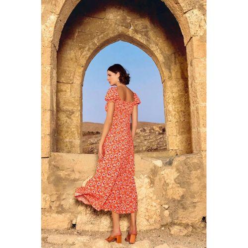 Viskon Çiçek Desenli Kısa Kollu Elbise