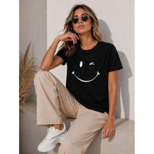 Minimal Gülümseyen Yüz Baskılı Tişört Kısa Kol Yazlık T-Shirt - Siyah