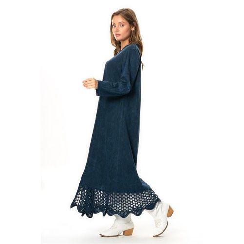 Uzun Kol Sena Etnik Desenli Sonbahar ve Kışlık Uzun Triko Elbise İndigo indg