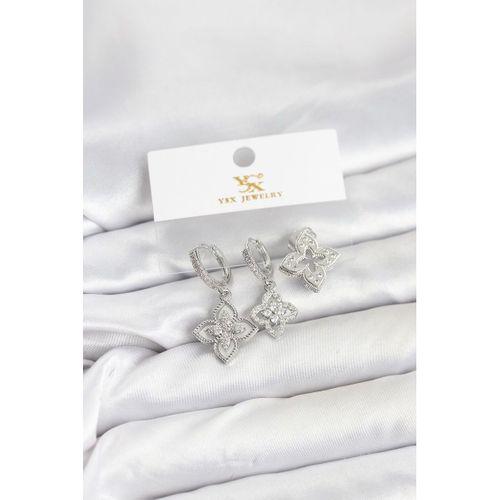 Pirinç Gümüş Renk Yonca Model YSX Trio Küpe Seti - TJ-BKP11553