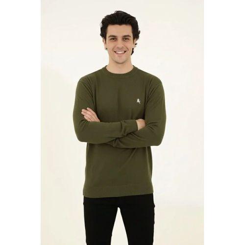 Erkek Bisiklet Yaka Nakış Işlemeli Triko Kazak Yumuşak Dokulu Pamuklu Ince Dokuma, Uzun Kollu Rahat Regular Kalıp - Haki